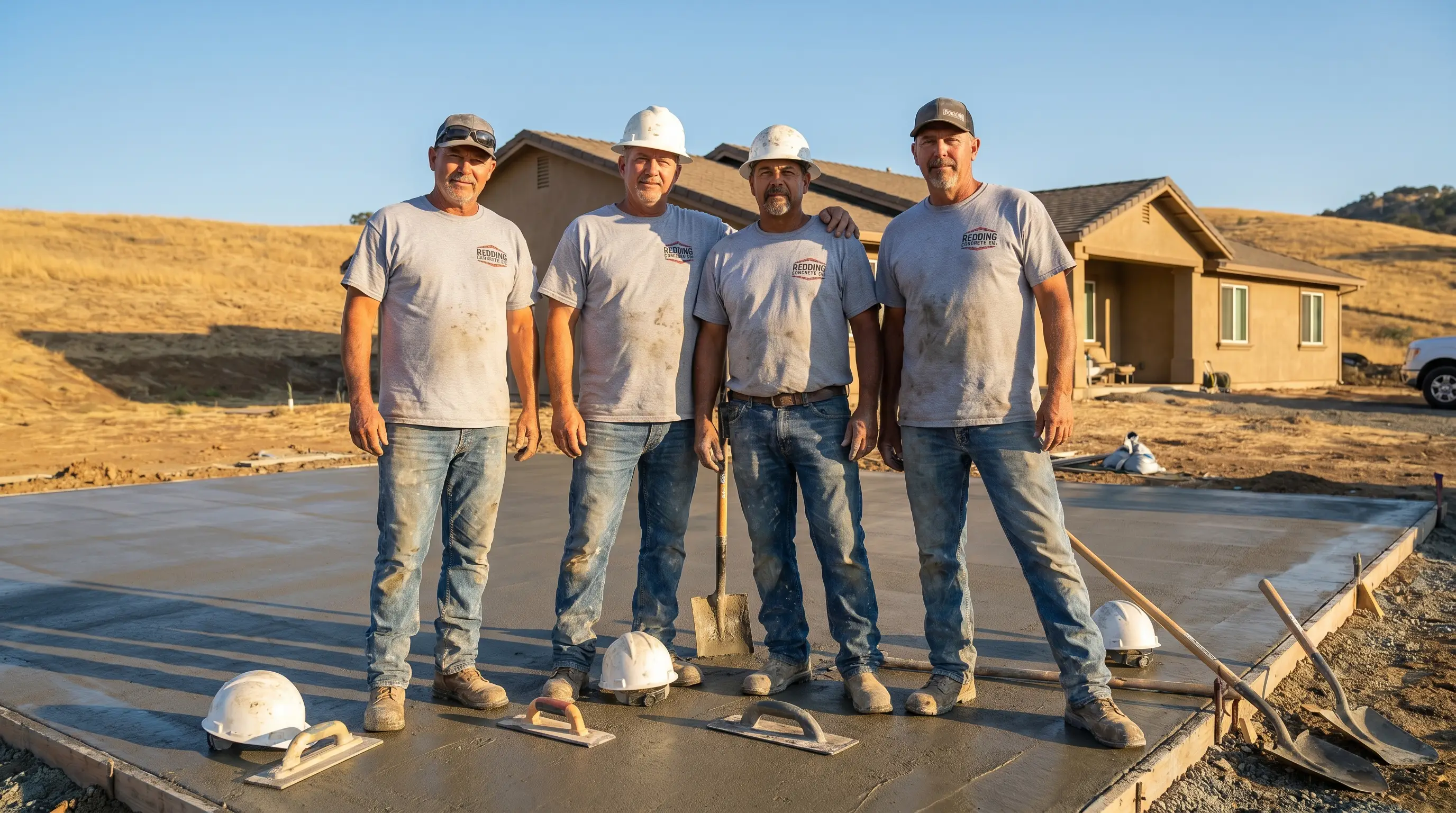 Concrete Contractors Redding crew finishing a freshly poured concrete slab
