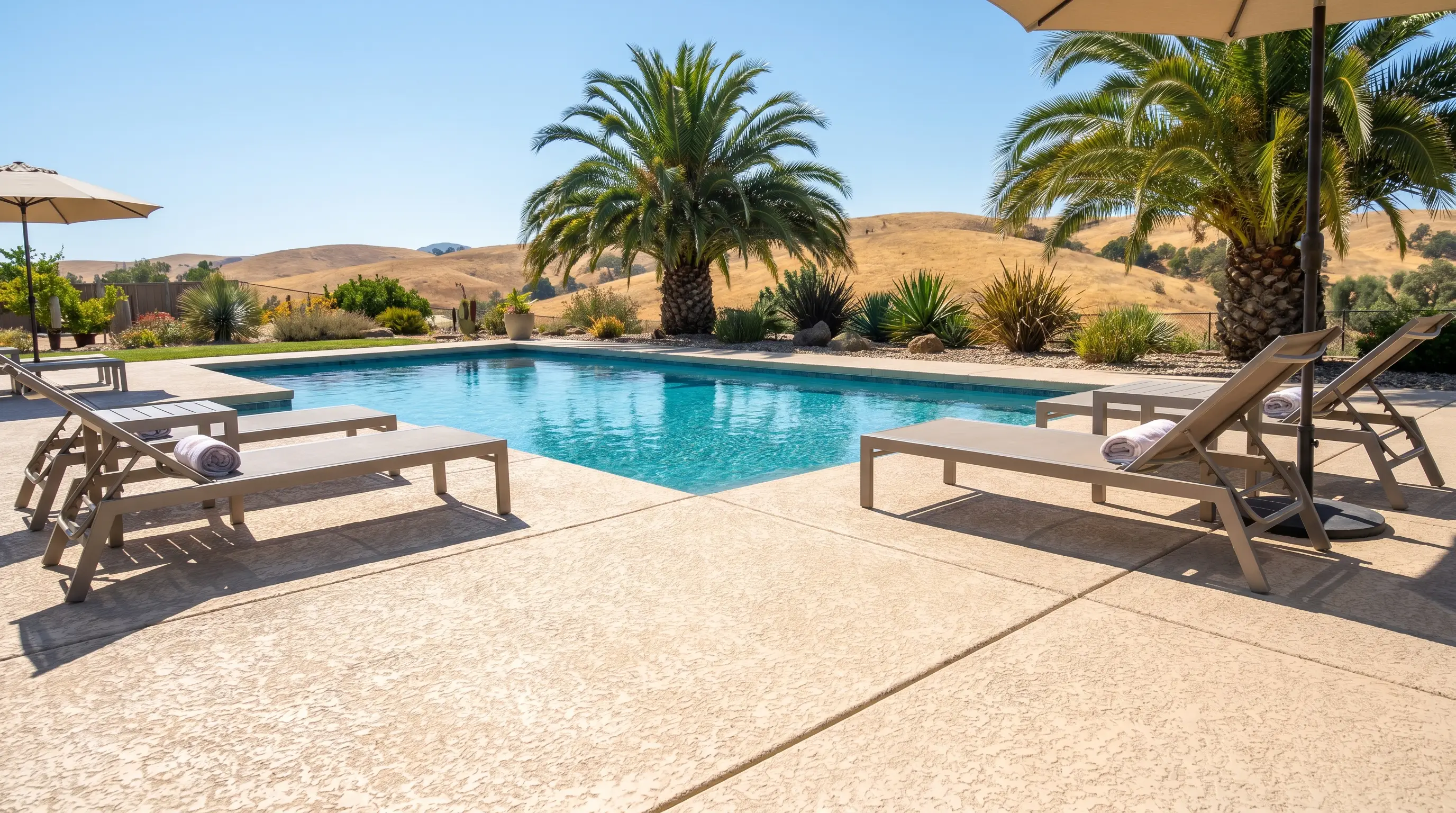 Concrete pool deck with slip-resistant finish, Redding CA backyard